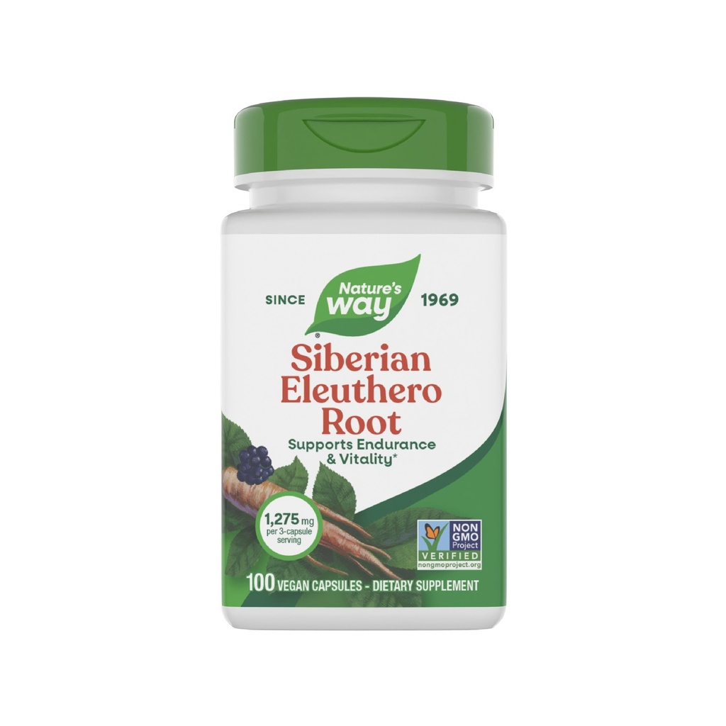 Nature's Way Premium Herbal Siberian Eleuthero Root Supplement, ondersteunt Endurance & Vitality*, Adaptogen*, 1,275mg per 3-Capsule Serving, Non-GMO Project Geverifieerd, 100 Capsules (Verpakking mei Vary)
