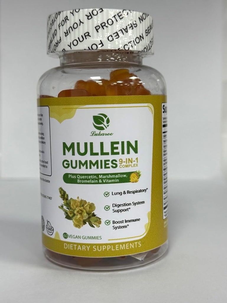 Lukaree 9 in 1 Mullein Gummies, Mullein Leaf Extract w/Quercetin, Bromelain, Elderberry & Marshmallow for Immune, Vegan,60 Graaf