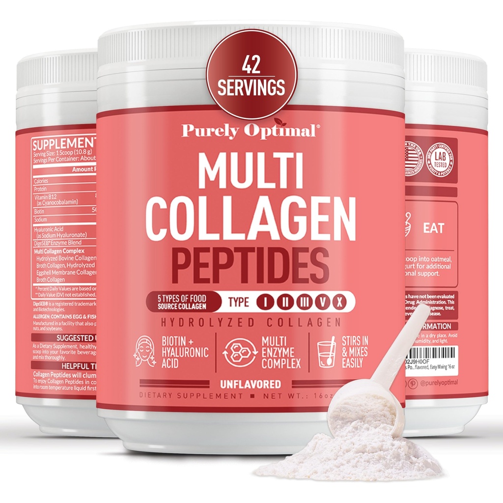 Puur Optimaal Multi Collageen Poeder voor vrouwen - 5 Types Gehydrolyseerde Collageen Peptiden met Biotine en Hyaluronzuur voor haar, huid, nagels, botten en gewrichten - Unflavored, Easy Mixing, 42 Servers