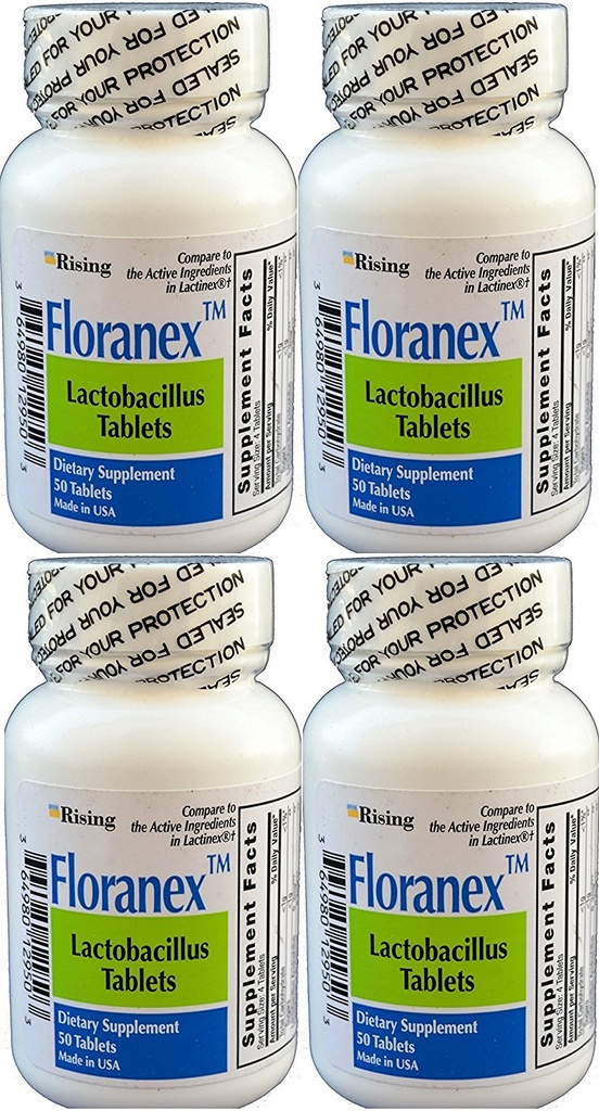 Floranex Probiotic 2 Million CFU, Lactobacillus Acidophilus for Colon Digestieve Gezondheid, Generieke voor Lactinex, Shelf Stable Geen Koeling, 50 tabletten per fles, 4-pack
