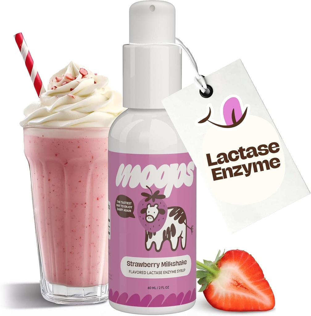 Moops Liquid Lactase Enzyme Syrup 2oz – Delicious Strawberry Milkshake Flavor – 10,000 FCC Units for Fast Acting Dairy Relief – Customizable Dose for Lactose Intolerance – Portable Twist-to-Lock Pump