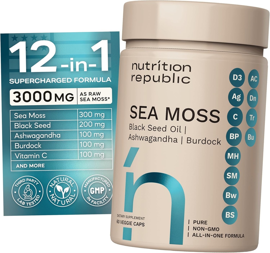 Sea Moss Supplement, Sea Moss Capsules met Zwarte Zaadolie, Ashwagandha en Burdock Root, Multiminerale Supplement met Vitamine C, 60 Veggie Capsules