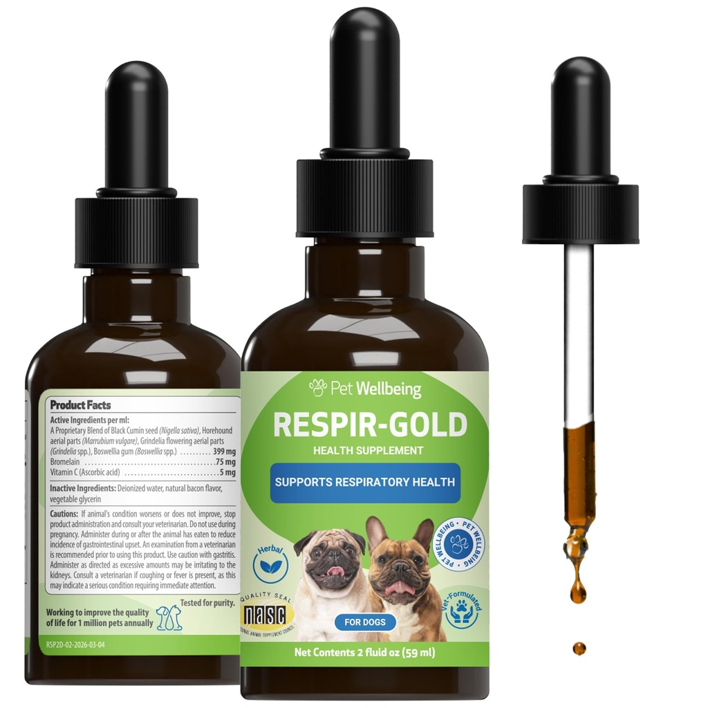 Pet Wellbeing Respir-Gold voor honden - Ondersteunt gezonde ademhaling, Open Airways, Respiratory Support, Black Cumin, Horehound, Grindelia - Veterinair-geformuleerd kruidensupplement 2 oz (59 ml)