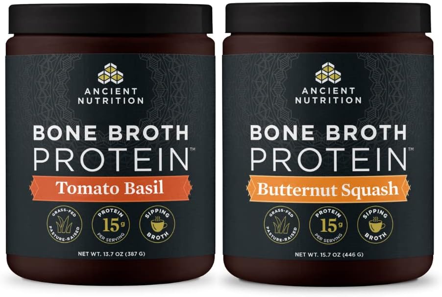 Ancient Nutrition Bone Broth Protein Powder, Tomato Basil, 15 Serves + Bone Broth Protein Powder, Butternut Squash, 15 Servers