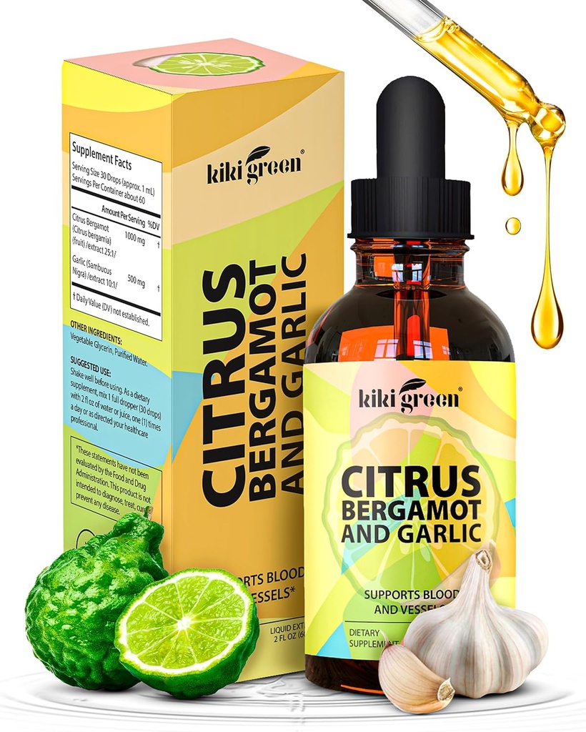 KIKI Green Liquid Citrus Bergamot & Ail Extract - Supplément Citrus Bergamot pour la santé cardiaque, le soutien du système immunitaire et le vieillissement en santé Non-OGM, Supplément sans gluten 2 Fl Oz.