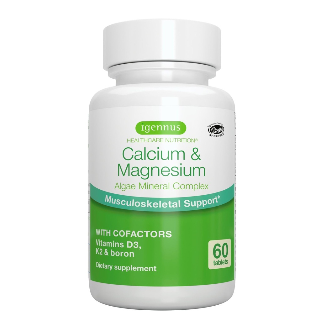Igennus Algae Calcium & Magnésium Supplément, à base de plantes, haute absorption, K2 & D3, Complexe minéral d'algues rouges non OGM pour os et dents, pour les femmes et les hommes, avec Boron, Vegan, 60 comprimés
