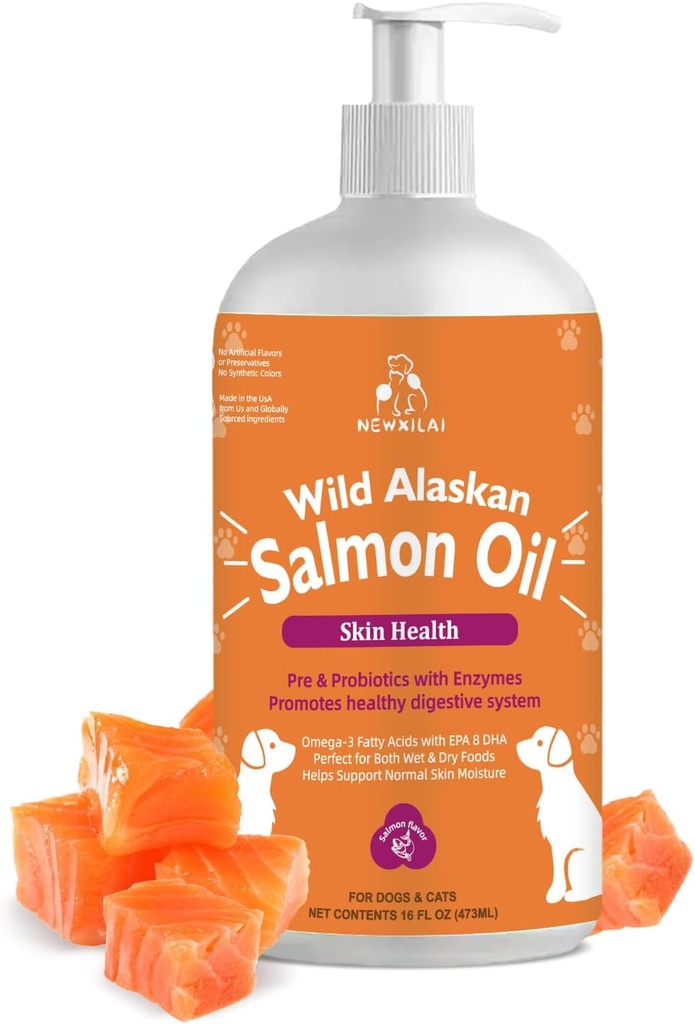 Wild Alaska Zalmolie voor honden en katten, Omega-3 Visoliesupplement met EPA & DHA, Support Skin Health, Shiny Coat, Strong Joint & Allergie Relief - Pump Bottle 16oz