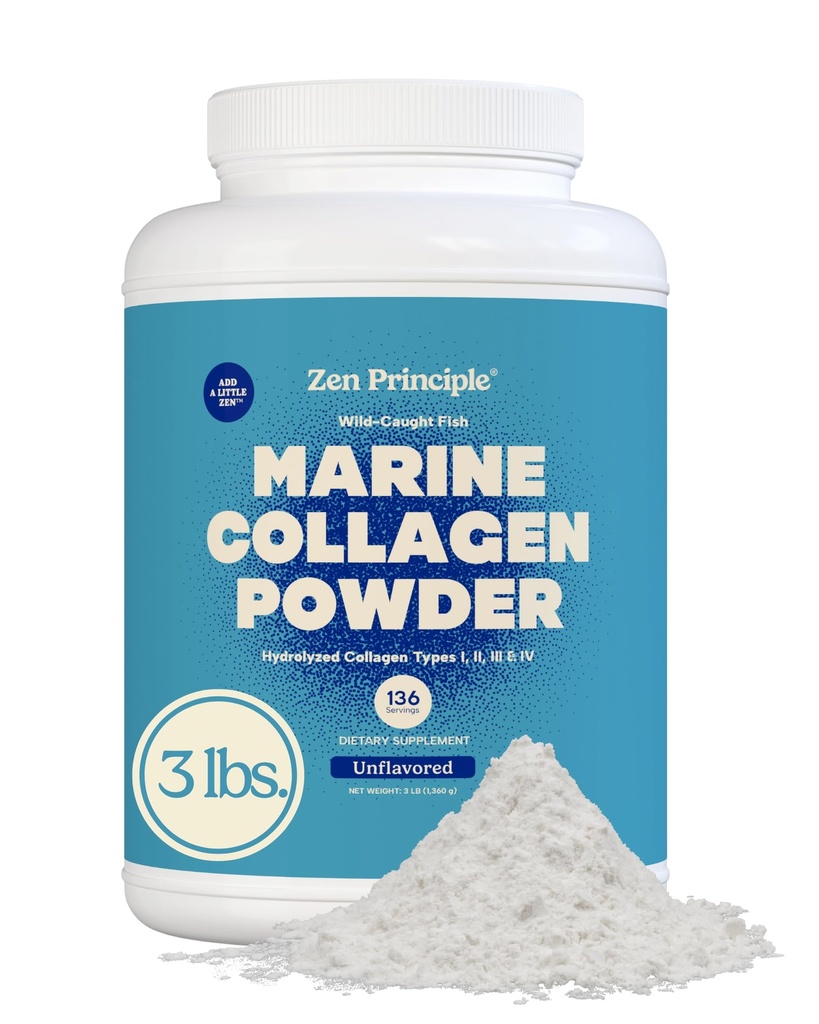 Zen Principe Marine Collageen Peptides Powder 3 lb. Wild-Caught Fish, Non-GMO. Ondersteunt gezonde huid, haar, gewrichten en botten. Gehydrolyseerd type I, II, III & IV-eiwit. Aminozuren. Makkelijk te mengen.