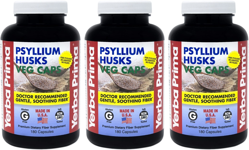 Yerba Prima Psyllium Husks Veg Caps - 180 Tellen (pakket van 3) - Veganistisch, Non-GMO, Glutenvrij, Colon Cleanser, Dagelijks vezelsupplement voor Gut Health & Regularity