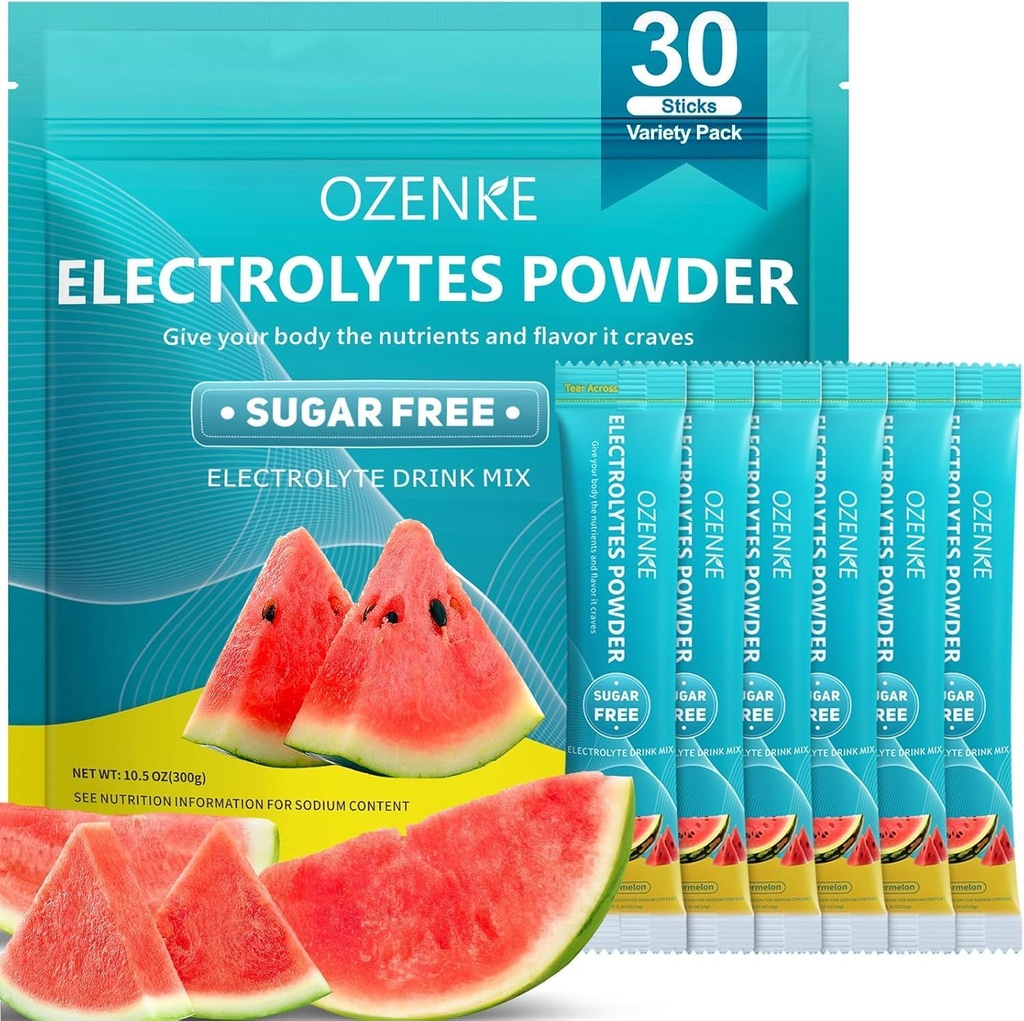 Electrolytes Powder Packets,30 Sticks Packs Hydratation Packets Sans sucre, Mélange de boissons électrolytes Portables Powder Packets pour Hydratation Rapide, 0 Sucre & 0 Calorie, Saveur de pastèque