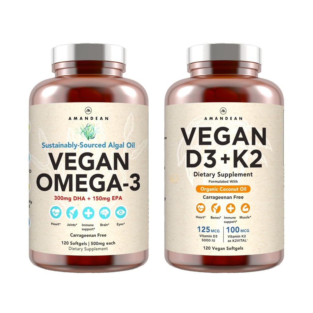 Powerhouse végétalien Combo. Oméga-3 de l'huile d'algue et vitamine D3 + K2. Basé sur la plante 5000 iu VIT D de l'algue. 100 mcg All-Trans MK-7 Vita K. Carrageenan Free Veggie Softgels.