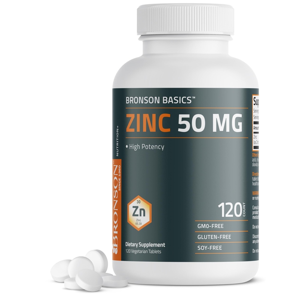 Bronson Zink 50 MG High Potency ondersteunt huidgezondheid - niet-GMO, 120 Vegetarische tabletten