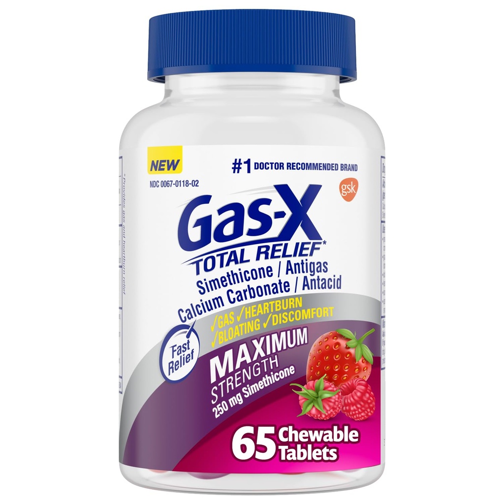 Gas-X Total Relief Kauwtabletten met maximale sterkte Gas Relief Simethicone 250 mg en Heartburn Relief Calcium Carbonate 750 mg, Bloating Relief, Mixed Berrys - 65 Tel.
