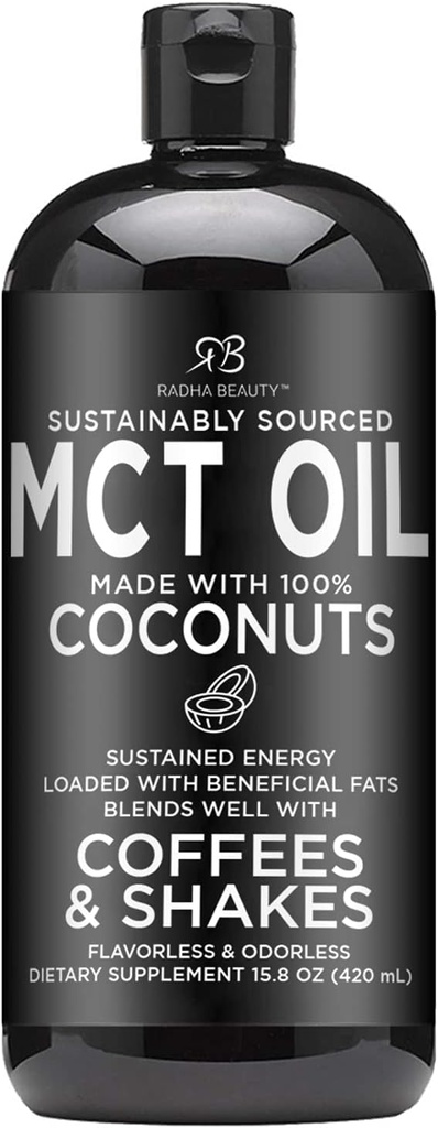 Radha Beauty Premium MCT olie uitsluitend gemaakt van niet-GMO kokosnoten - 15.8oz. Keto, Paleo, Glutenvrij en Veganistisch goedgekeurd.