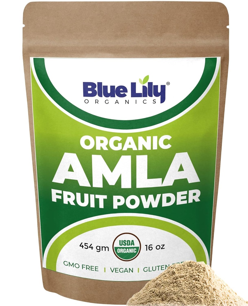 Blue Lily USDA Organic Amla Powder (Amalaki/Indian Gooseberry) 16oz (1lb) Hersluitbare Kraft Bag, 100% Pure Amla Berry Powder, rijk aan antioxidant vitamine C, ondersteunt gezond immuunsysteem