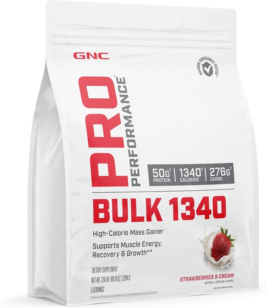 GNC Pro Performance Bulk 1340 Mass Gainer Protein Powder, 50g, Glutenvrij, Wei, Creatine, BCAA, 3rd Party Tested, Muscle Recovery & Growth, Micronutriënten, Aardbeien en Cream, 9 porties