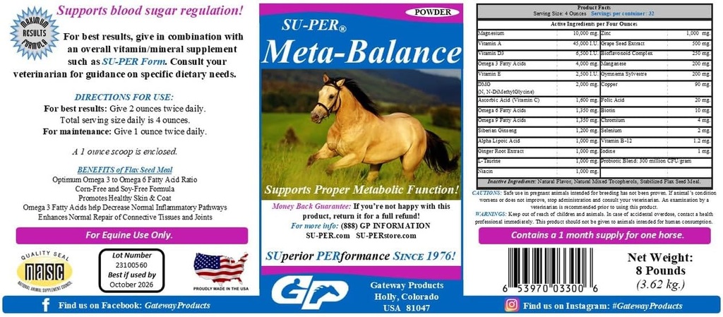 SU-PER Meta-Balance Horse Metabolic Support - Blood Sugar Regulation & Digestief Health Supplement - Horse Vitaminen en Mineralen, Kruidenextracten, Probiotica - 8 pond, 1 maand levering