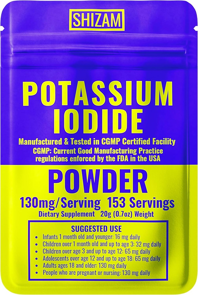 SHIZAM Iodide de potassium 130 mg 65 mg Kit de survie en poudre Kits, Capsules d'iode KI Capsules de teinture liquide pilules Comprimés comprimés Tables Supplément Alt, fournitures de préparation 130mg 65mg