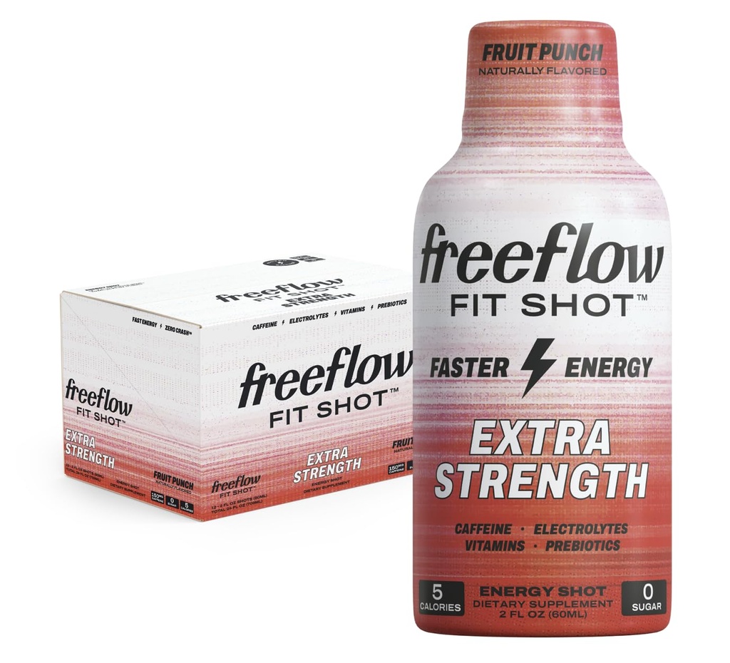 Freeflow Fit, Extra Strength Energy Shot, Fruit Punch (2 Ounce Shot, Pack van 12) - 150mg Cafeine Per Shot, Zero Calorie, Zero Sugar Energy Shot...