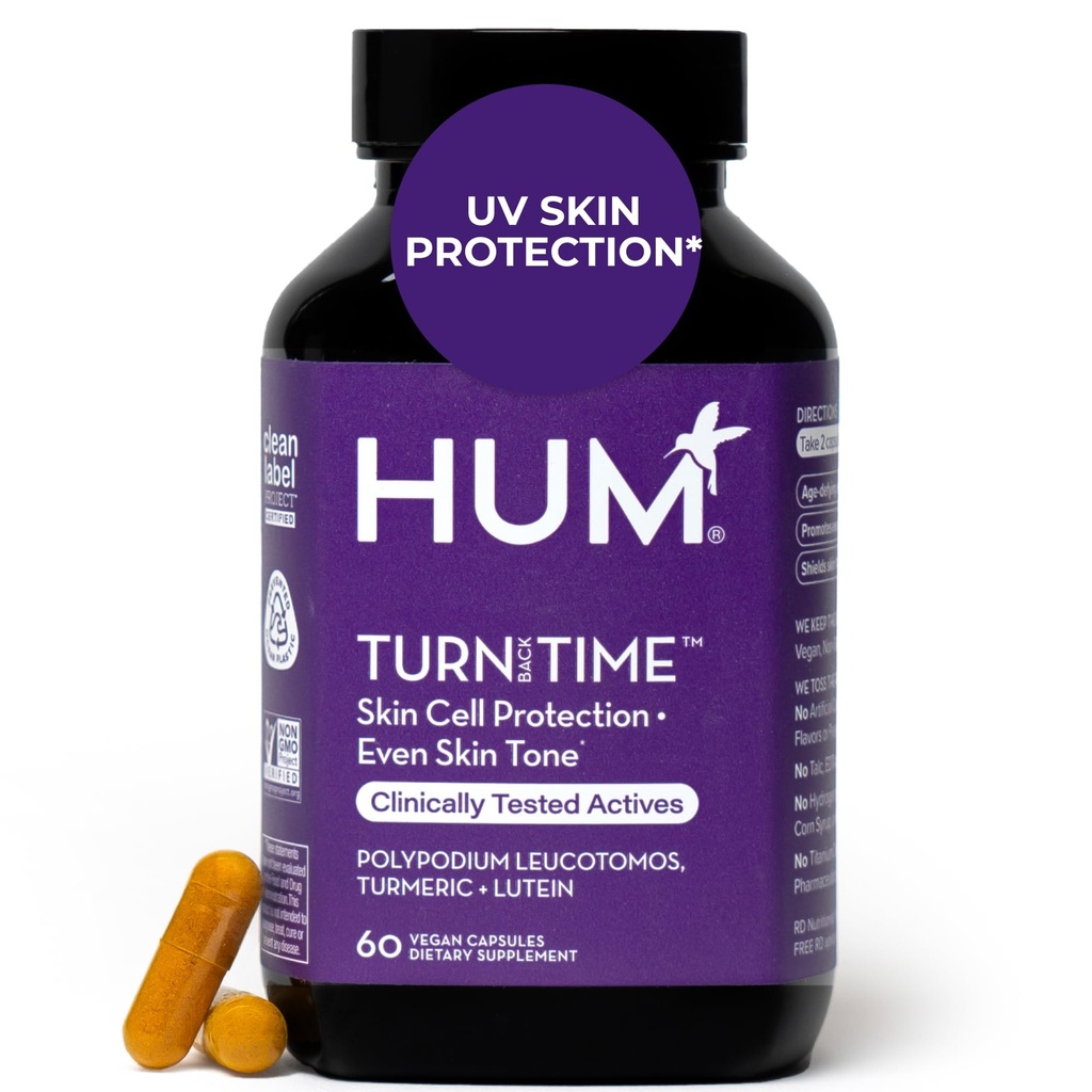 HUM keer terug tijd Kurkuma supplement voor jeugdige uitziende huid ondersteuning met groene thee extract, luteïne en polyfenolen, huidverzorging Veroudering & collageen ondersteuning Capsules voor zelfs Tone, 60 Vegan Capsules