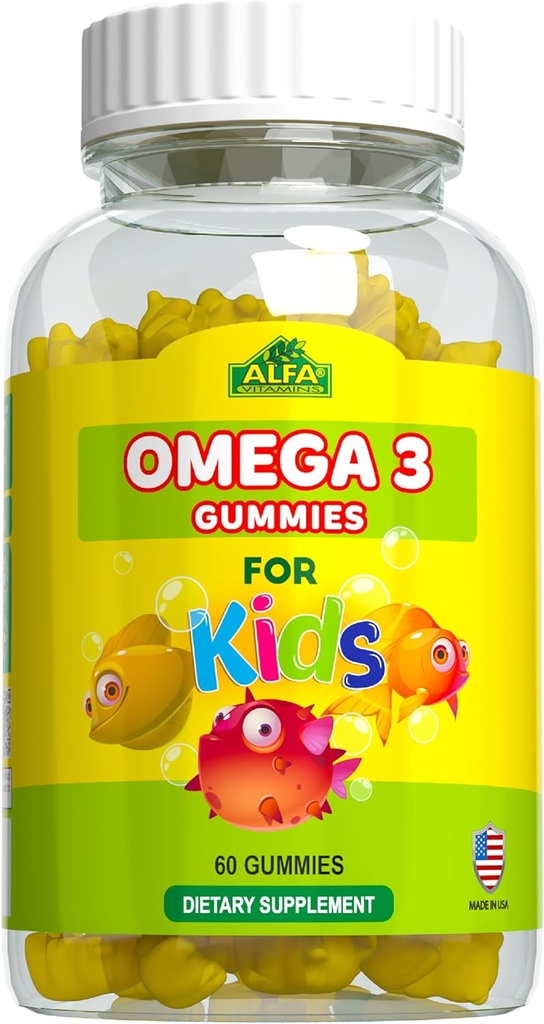 ALFA VITAMINS Omega 3 Kids Gummies, Ondersteunt Hersenontwikkeling, Hart Gezondheid & Visie, Gemakkelijk te kauwen, Omega 3 Supplement voor kinderen, Oranje smaak, Geen Fishy Smaak, 3 Gummies Dagelijks, 60 Gummies