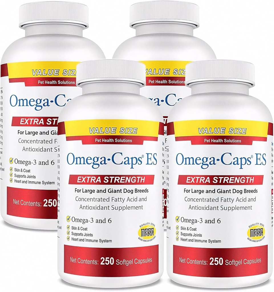 Omega-Caps Extra sterkte voor groot ras-veet Geformuleerd voor gezonde radiante huid en jas tijdens het verminderen van vergieten. Bevat Omega 3 voor ondersteuning van het immuunsysteem, gemakkelijk te doseren, 1000 zachte gel-capsules