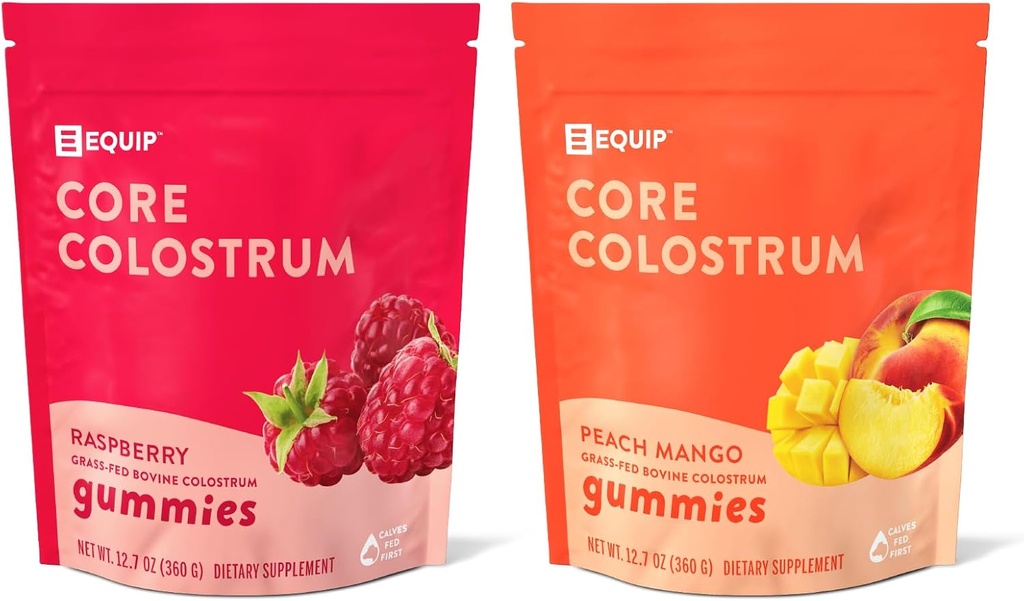 Gommies de colostrum de base - Delicious and Commodient - 1g de colostrum de fécule d'herbe ultra-prémium par service - Santé, immunité, cheveux et peau (paquet de 1, mangue de pêche et framboise)