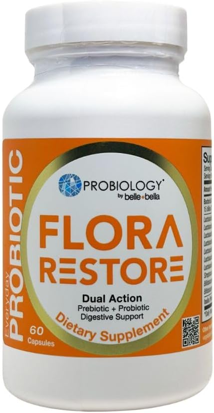 belle+bella Flora Restore Daily Probiotic - 15 Miljard levende culturen - Probiotica en prebiotica voor spijsverterings- en darmgezondheid - Immuunondersteuning - Bevordert regelmatigheid - Veganistisch en glutenvrij - 60 capsules