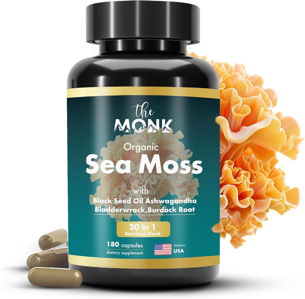 Capsules de mousse de mer d'Irlande biologique - Formule d'avance, supplément de Seamoss sauvage brut avec Bladderwrack et racine de Burdock - 180 pilules - Fabriqué aux États-Unis