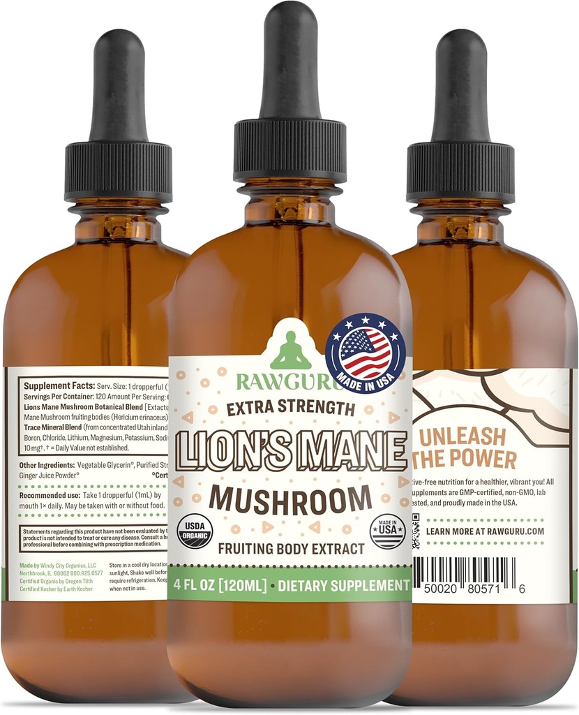 RawGuru Lion's Mane Mushroom Tinctuur - Vegan Lion's Mane Extract met sporenmineralen - Nano-Processed Immunity Boost & Cognitive Supplement - 120 porties Vegan Drops per 120 ml, Verpakking van 1