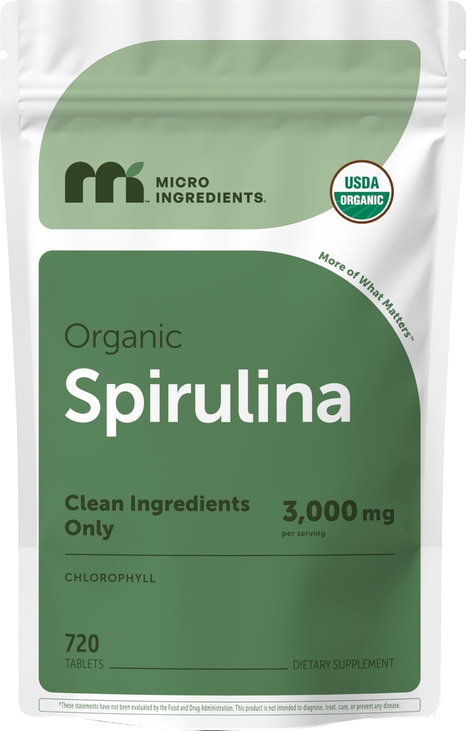 Micro-Ingrediënten Organische Spirulina Supplement, 720 tabletten (4 maanden supply), Geen Filler & Non-GMO, rijk aan Vegan Proteïne, Vitaminen & Prebiotica, Premium Spirulina Pillen