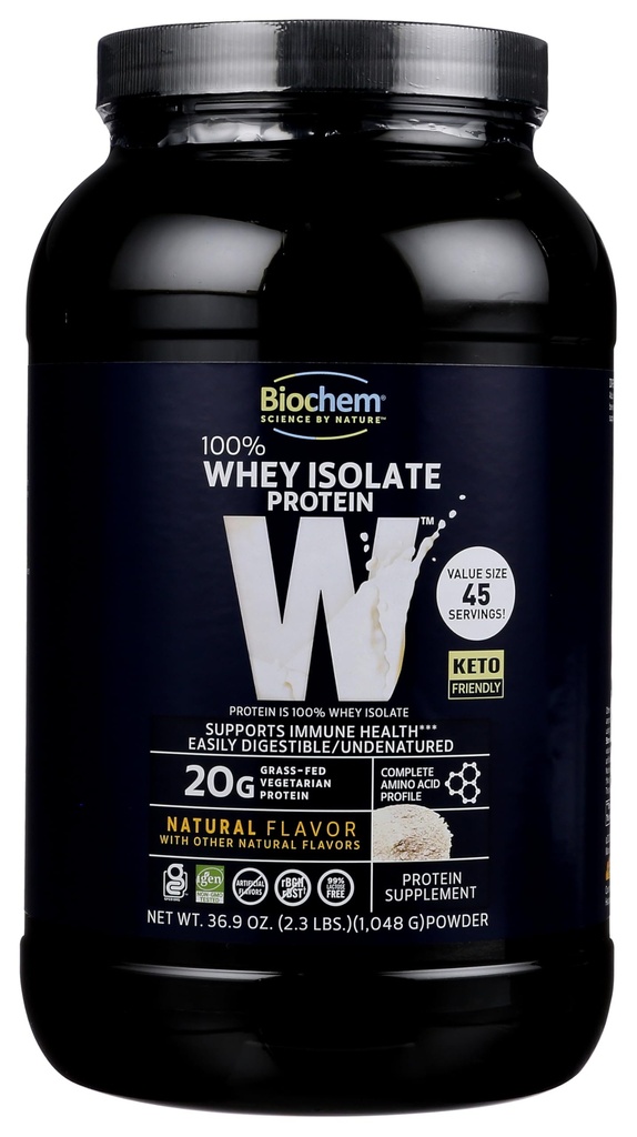 Biochem 100% Wei Isolaat Proteïne - Natuurlijke Smaak - 20g Proteïne - Pre & Post Workout - Maaltijden Vervanging - Keto-Friendly - Makkelijk Digestable - Silky Smooth Taste - Easy to Mix (36,9 oz)