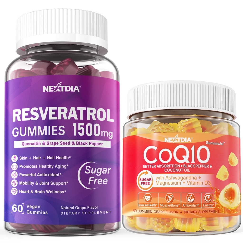 Suikervrije Resveratrol Gummies 1500mg + CoQ10 200mg 100mg Gevulde Gummies met Magnesium Ondersteuning Gezond Verouderen & Longevity