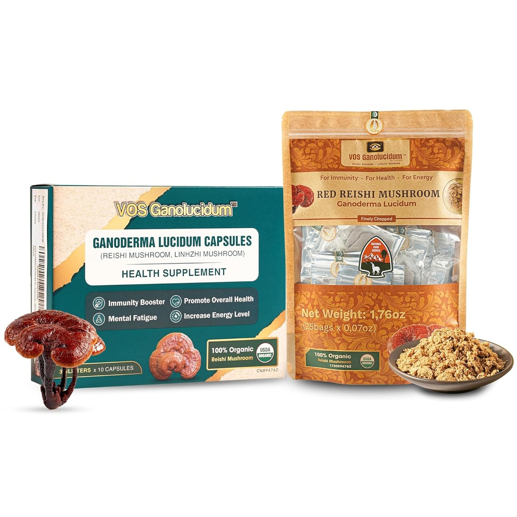 VOS GANOLUCIDUM Combo For Better Health, Daily Immune Boosting Red Reishi Mushroom Capsules (30 Capsules) & Organic Finely Chopped Reishi Mushroom (1,76 Oz), Energy Booster & Perfect bij het koken
