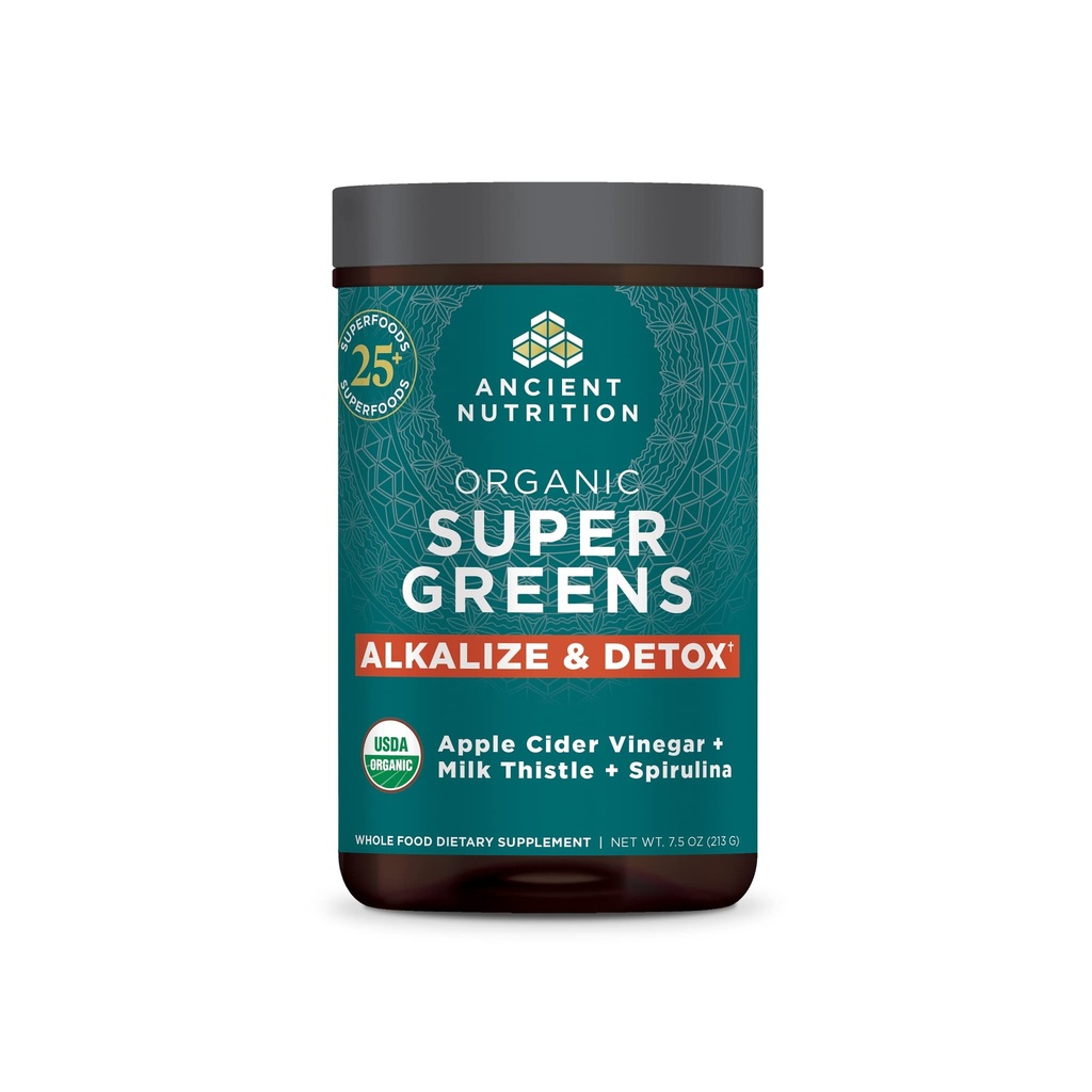 Ancient Nutrition Supergreens Alkalize & Detox Powder, Organic Superfood Powder Made from Real Fruits, Greentes and Herbs, for Digestief and Energy Support, 25 Servings, 7.5oz