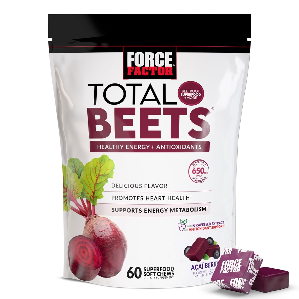 Force Factor Total Beets Zachte Kauwen met bieten, nitraten, L-Citrulline, Grapeseed Extract, en Antioxidanten, Gezonde Energie Supplement met Elite Ingrediënten, Hart Gezondheid Superfood, 60 Kauwen