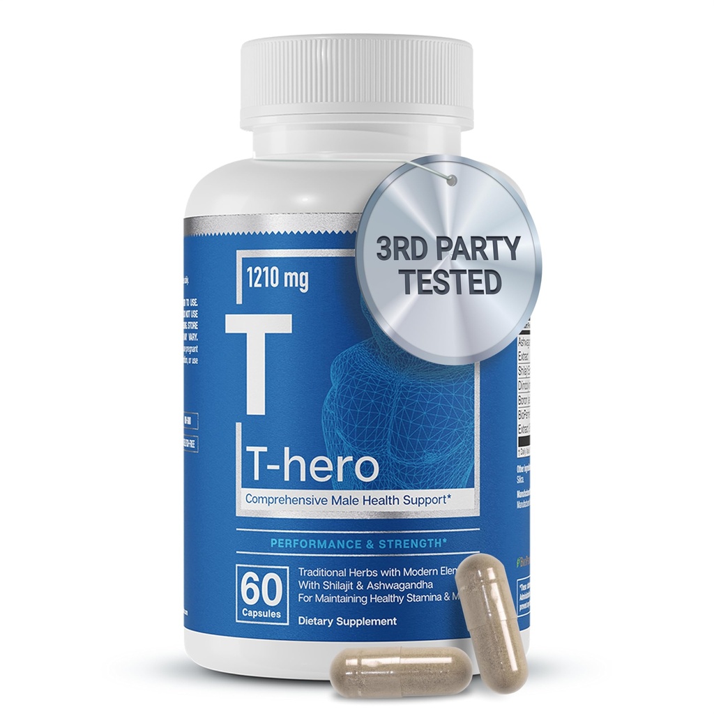Éléments essentiels T-Hero - Support quotidien de testostérone pour les hommes - favorise la vitalité et la conduite - avec Ashwagandha, Shilajit, Boron, DIM - 60 comte - 30 services