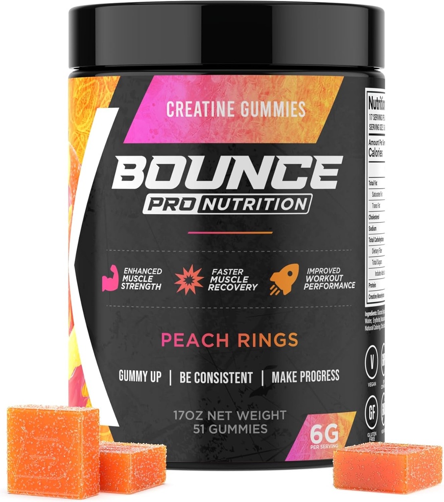 Bounce Pro Creatine Monohydraat Gummies for Men & Women, Low Calorie, 6G of Creatine per Serving, Vegan, Anti-Melting, Gluten-Free, Non-GMO, 2g Creatine per Gummy (51ct, Peach Rings)