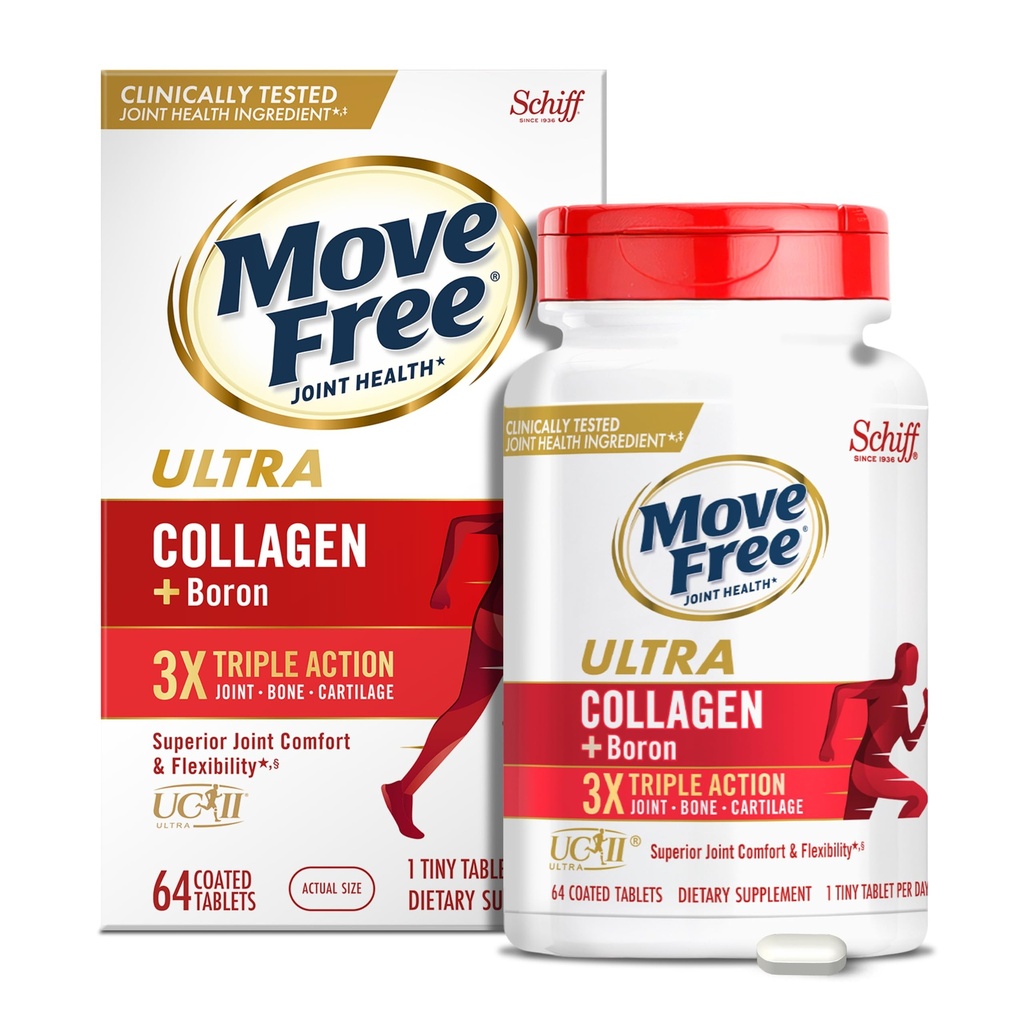 Move Free Ultra Triple Action Joint Support Supplement - Type II Collageen Boron & Hyaluronic Acid - Ondersteunt Joint Comfort, Cartiliage & Bones in 1 Tiny Pill Per Day, 64 Tablets (64 porties)