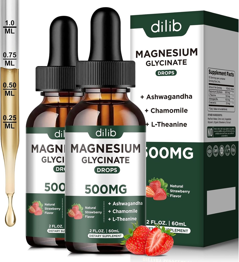 Magnesium Glycinate Liquid Drops Supplement, met Magnesium Glycinate 500mg Ashwagandha, L - Theanine, Kamille - Ondersteuning Stress Relief, Bot, Spier, Mood Aardbei Smaak 2Pack