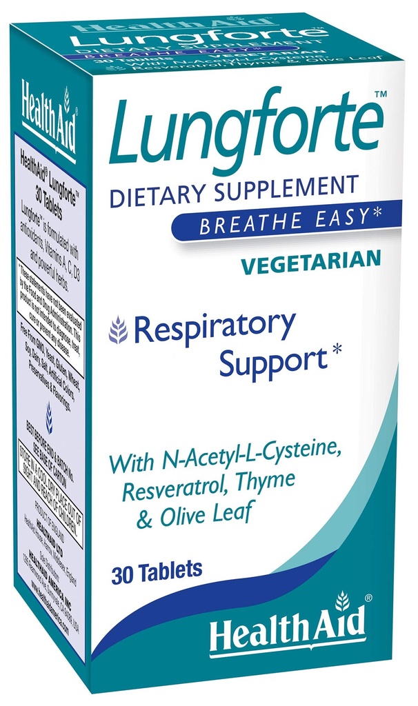 HealthAid LungForte 30 comprimés – Support quotidien antioxydant pour les poumons avec NAC, Resveratrol, Olive Leaf, Thym et vitamines A, C & D3 – Végétarien, non-OGM