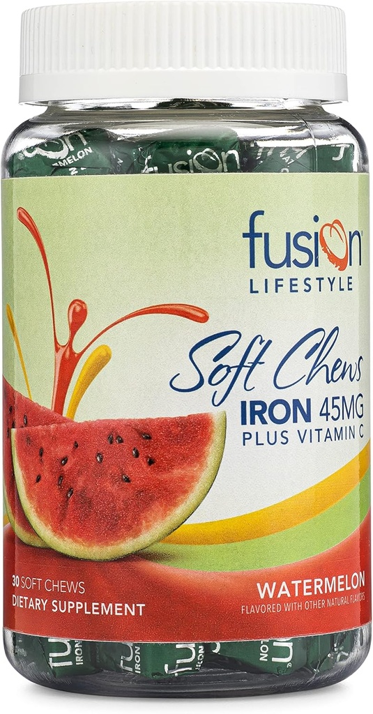 IJzer Supplement voor vrouwen en mannen, Watermeloen Flavored Iron Soft Chew Plus Vitamine C voor ijzertekort en anemie, 1 maand levering, 30 Tellen