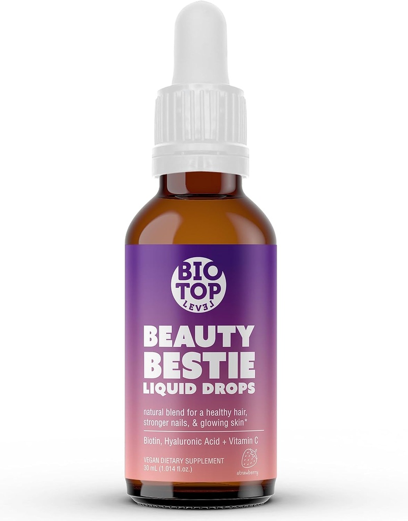 Beauty Bestie Vegan Liquid Drops, Biotin, Vitamine C, Hyaluronzuur, Multi-Benefit Vitamines Blend om gezonde haren, huid en nagels groei te ondersteunen, Suikervrij 1 floz.