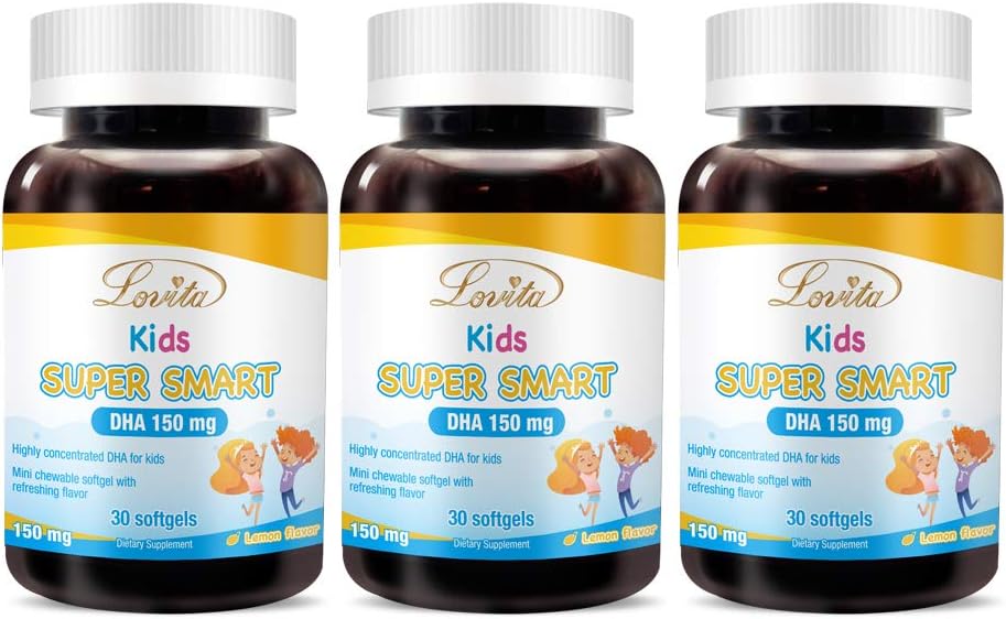 Lovita Kids Super Smart DHA, 150mg DHA en 30mg EPA van Omega 3 vetzuren, Ondersteunt Hersengezondheid, Natuurlijke Citroensmaak, 30 Kauwbare Softgels (pakket van 3)
