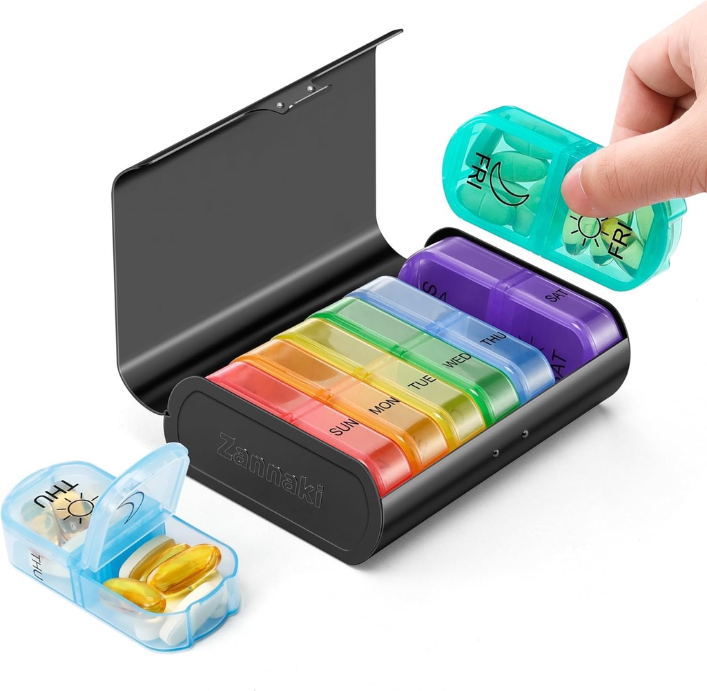 Zannaki Metal XL Weekly pil Organizer 2 keer per dag, grote reizen dagelijkse pil doos 7 dag, draagbare week twee keer pil houder Container, AM PM pil geval voor medicijnen vitamine medicatie supplement, zwart