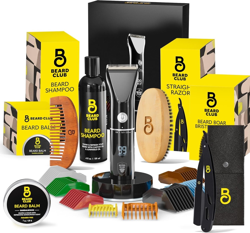 De Beard Club Mannen Grooming Kit met Professional Cordless Elektrische Oplaadbare Haar & snor / baard Trimmer, Straight Edge Razor, Shampoo, Balm, Brush & Comb Gift Set
