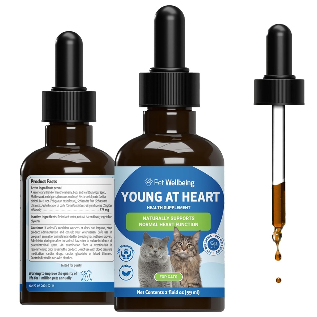 Bien-être de l'animal Jeune au coeur pour les chats - Formulé en vétustes - Santé cardiaque, système circulatoire et cardiovasculaire, Hawthorn, Motherwort, Schisandra - Supplément à base de plantes 2 oz (59 ml)