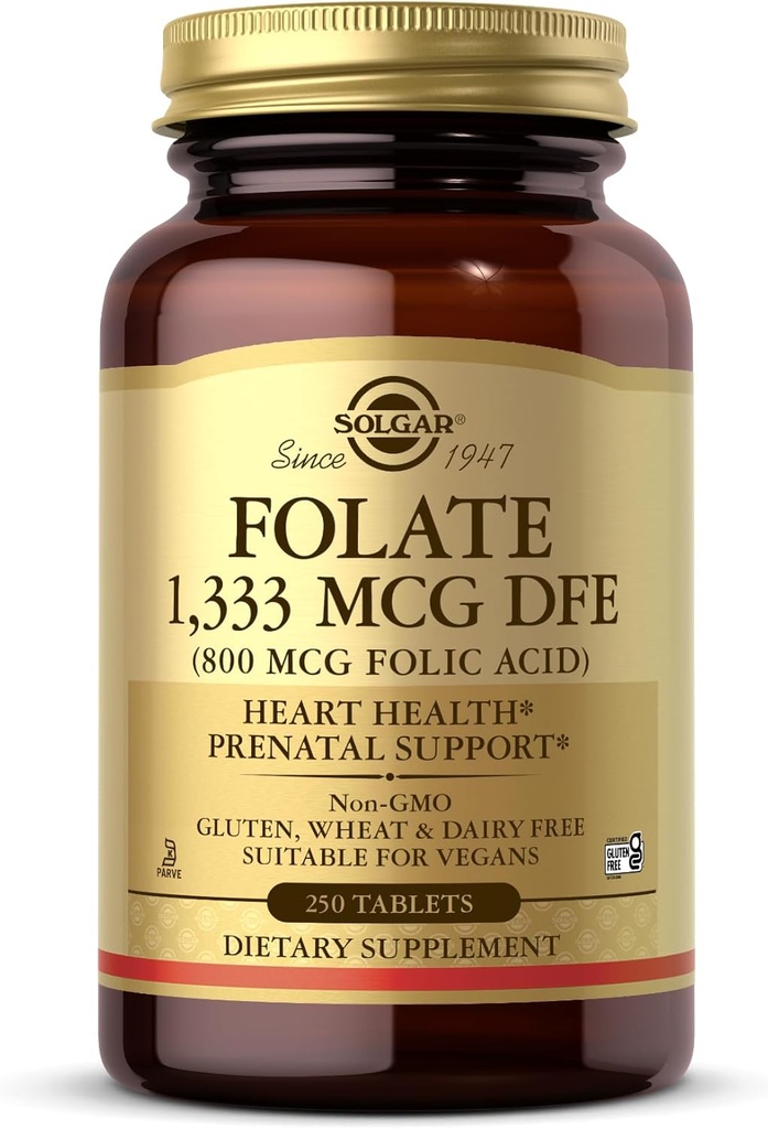 Solgar Folaat 1.333 mcg DFE (Foliumzuur 800 mcg) - 250 tabletten - Prenatale ondersteuning - Non-GMO, Veganistisch, Glutenvrij, Dairy Free, Kosher - 250 porties