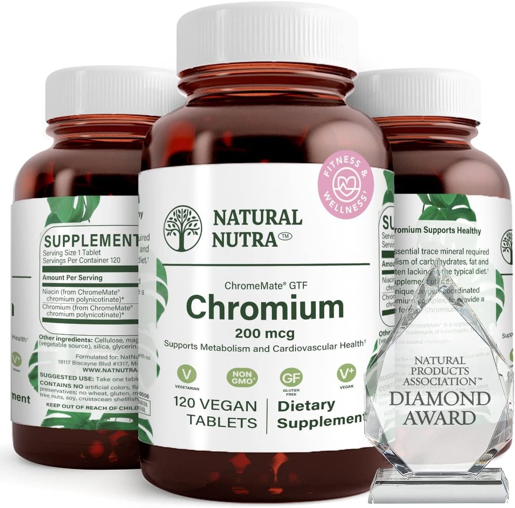 Natuurlijke Nutra GTF Chroom Polynicotinaat met ChromeMate, Ondersteunt Lichaam Metabolisme, Ondersteuning Hartgezondheid, Onderhoud Lichaam Fat Level, Verbeter Digestie, Cardiovasculaire Gezondheid, 200 mcg, 120 Vegan tabletten