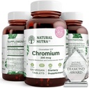 Natuurlijke Nutra GTF Chroom Polynicotinaat met ChromeMate, Ondersteunt Lichaam Metabolisme, Ondersteuning Hartgezondheid, Onderhoud Lichaam Fat Level, Verbeter Digestie, Cardiovasculaire Gezondheid, 200 mcg, 120 Vegan tabletten